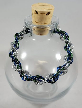 Blue, Green & Shiny Silver Inverted Spiral / Double Helix Bracelet